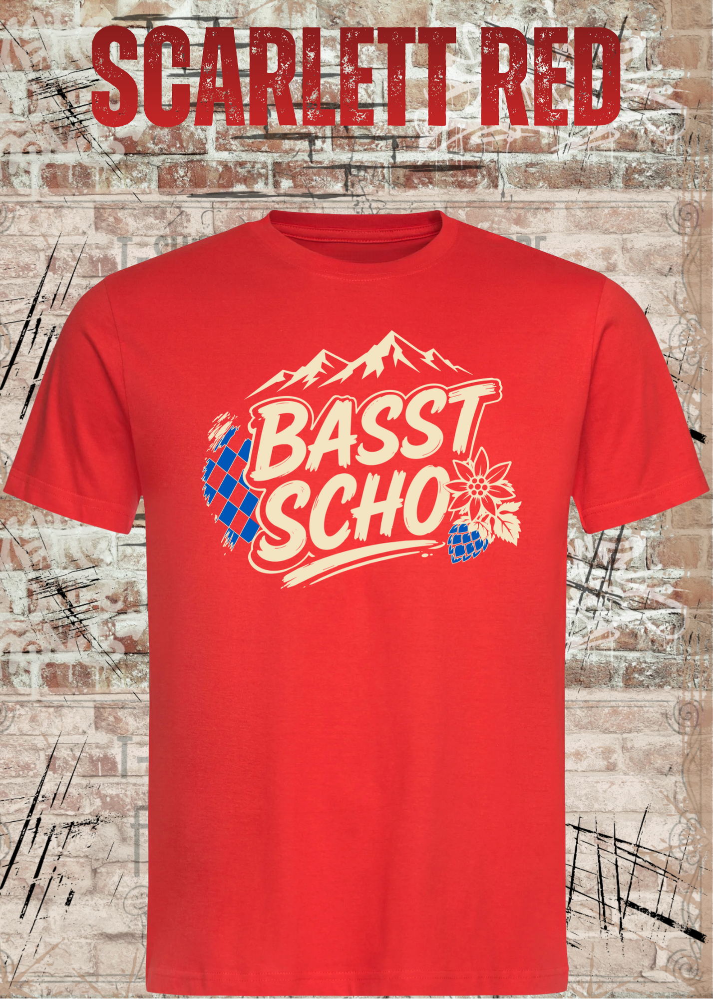 Basst scho – Bayerisches T-Shirt mit Bergen und Edelweiß