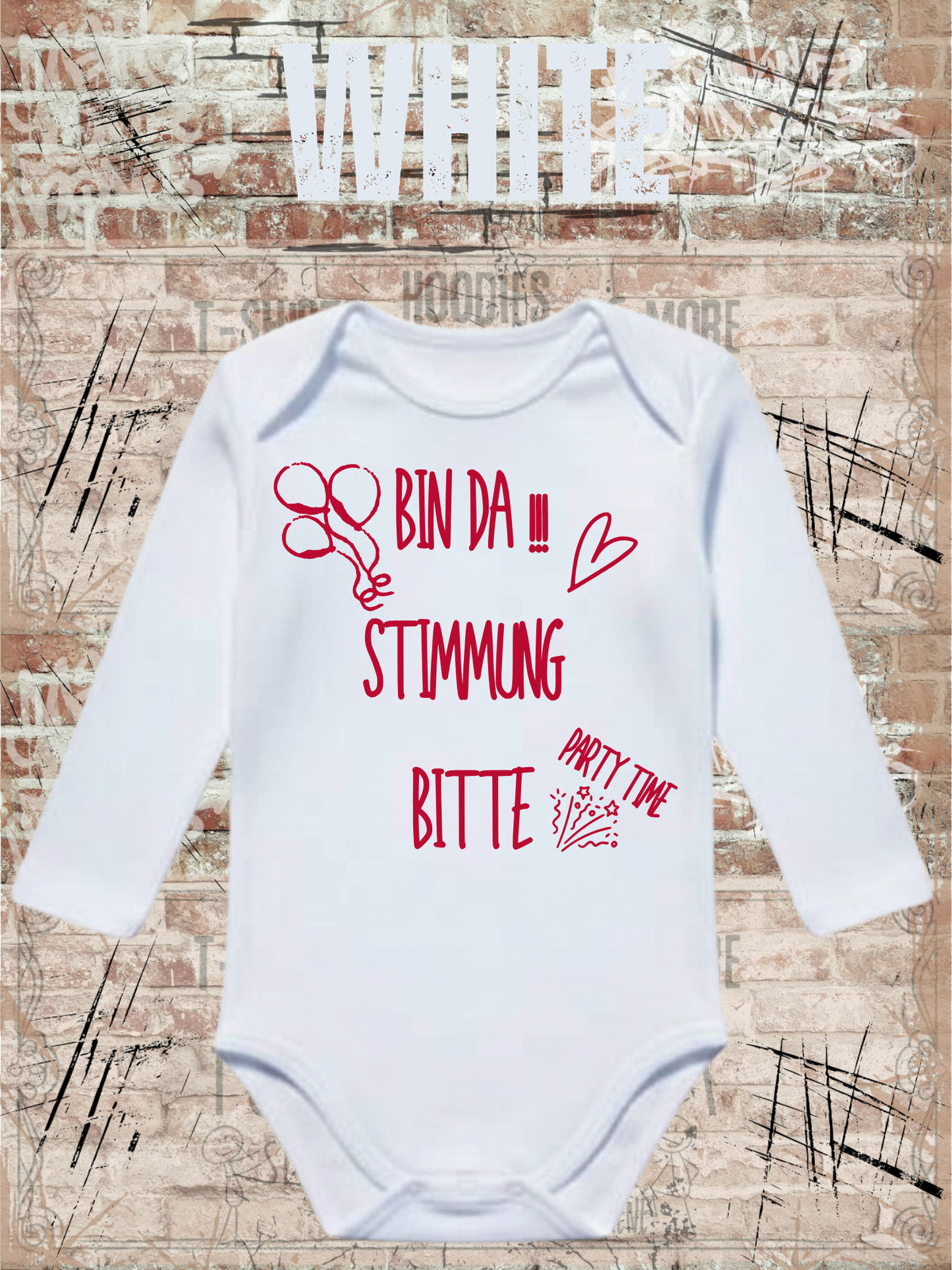 Baby Body Langarm 'Bin da - Stimmung bitte Party Time!' - Lustiger Spruch fuer kleine Partyloewen