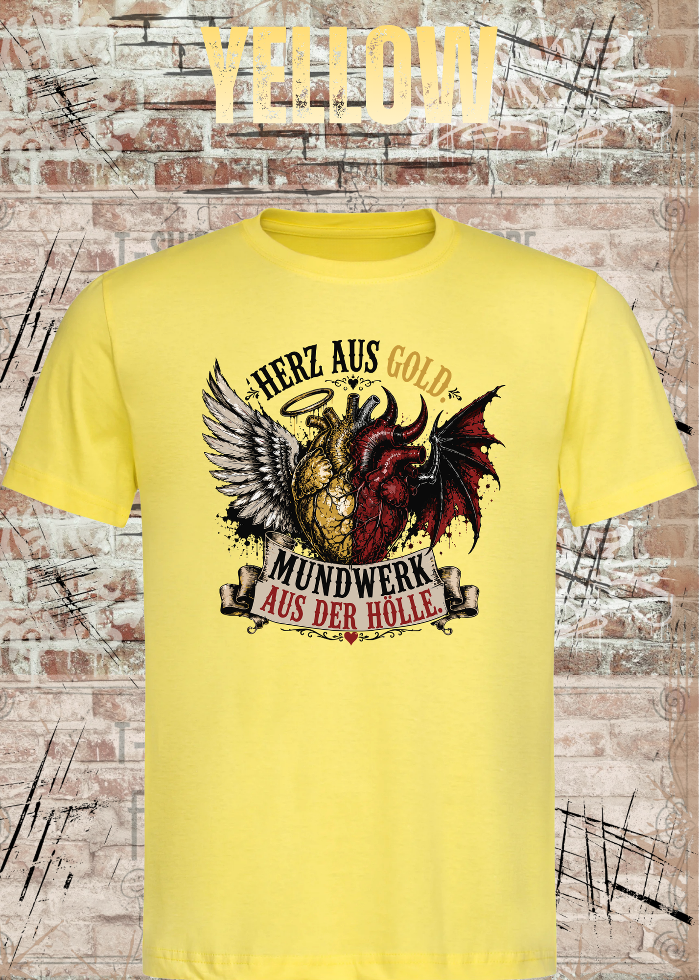 Herz aus Gold T-Shirt – Mundwerk aus der Hölle Shirt mit Engel & Teufel Motiv