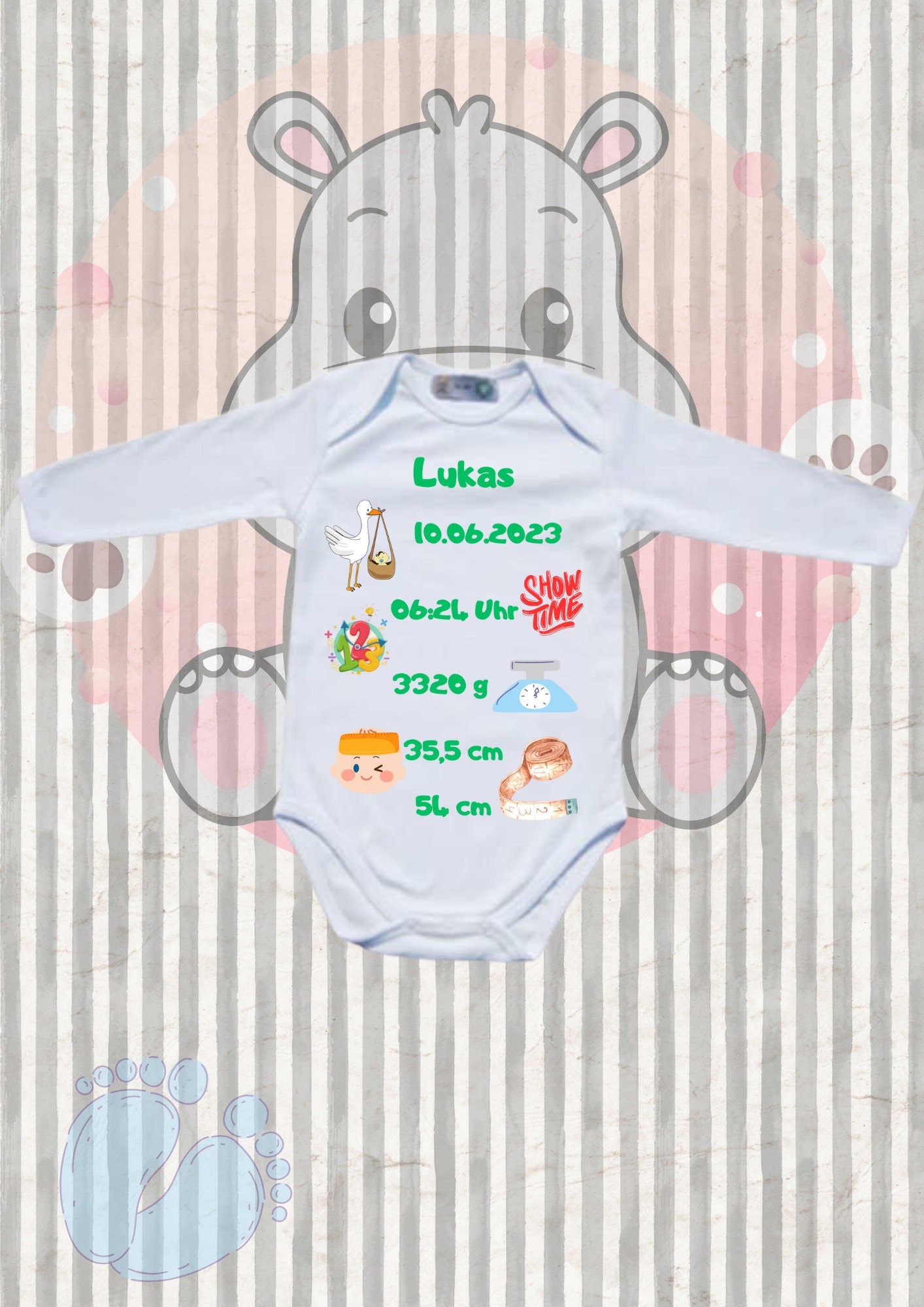 🎉 Baby Body Personalisierbar - Name, Geburtsdatum, Größe & Gewicht - Newborn Geschenk