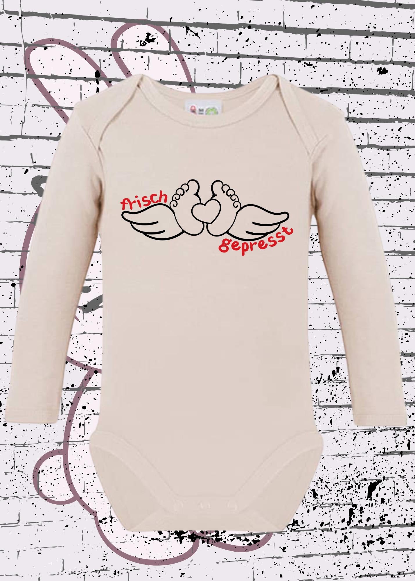 👶 Baby Body Langarm 'Frisch gepresst' - Lustiger Spruch Geschenk zur Geburt - Newborn Body