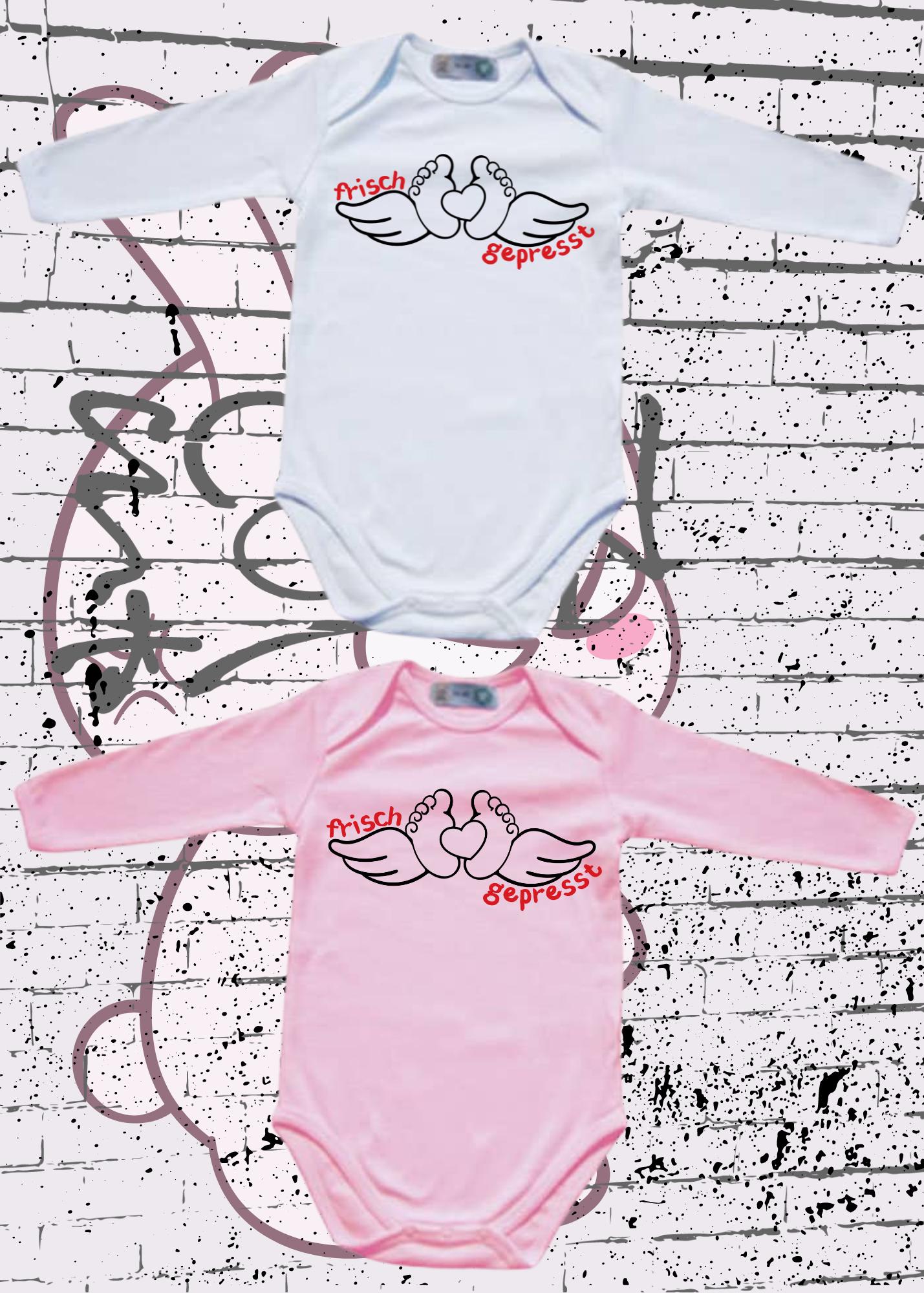 👶 Baby Body Langarm 'Frisch gepresst' - Lustiger Spruch Geschenk zur Geburt - Newborn Body