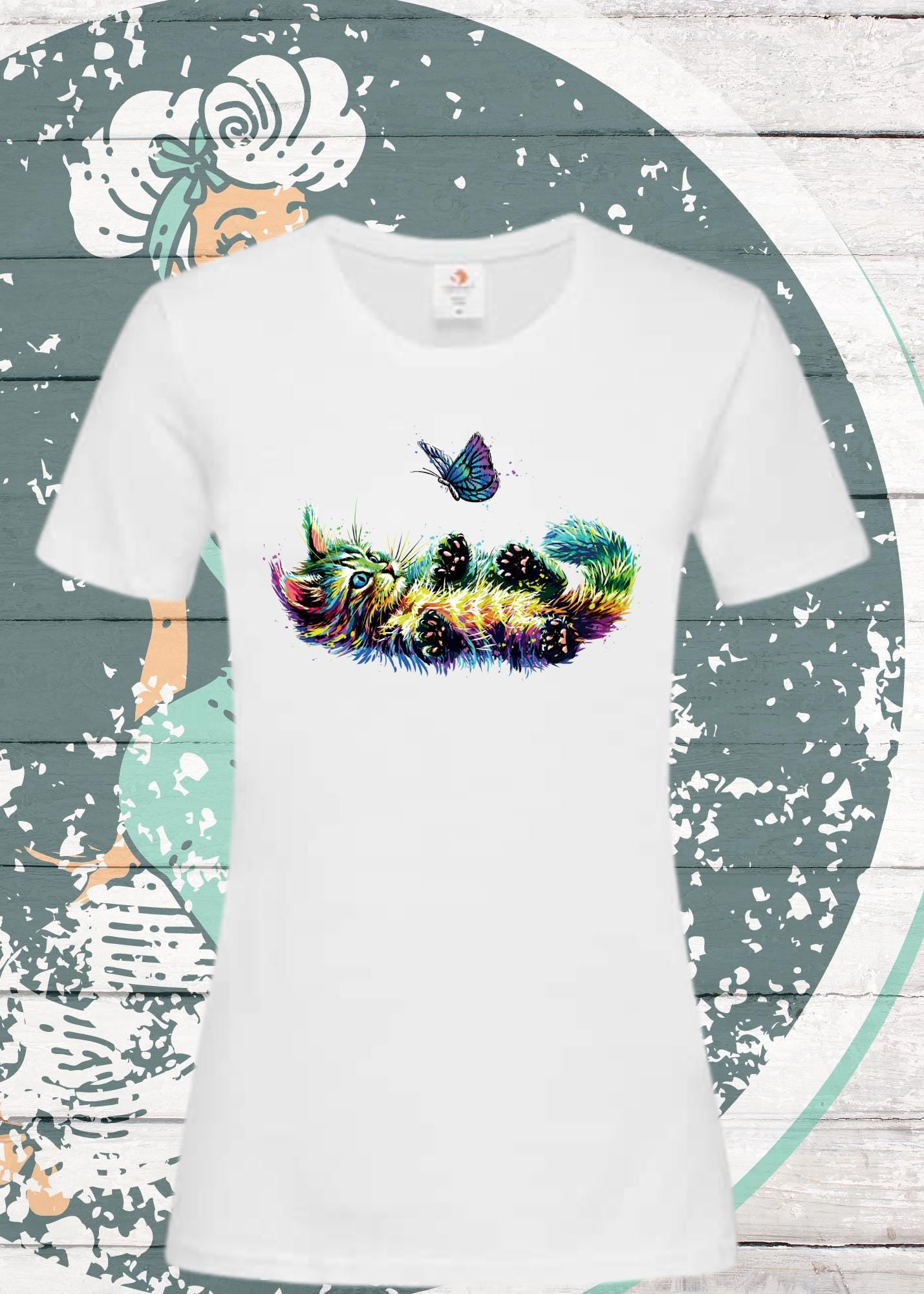 🐱 T-Shirt Katzenbaby mit Schmetterling bunt für Damen 🦋✨