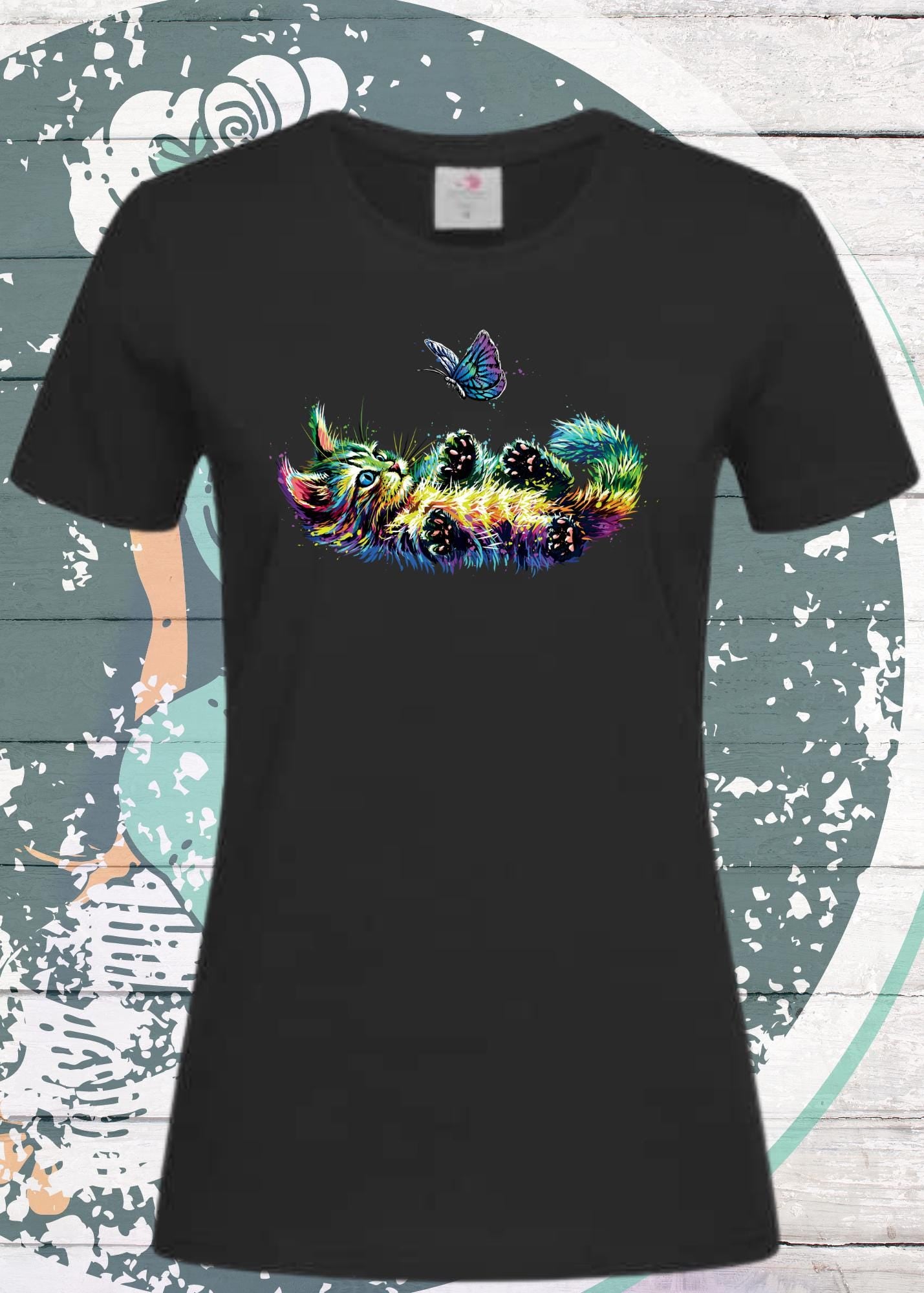 🐱 T-Shirt Katzenbaby mit Schmetterling bunt für Damen 🦋✨
