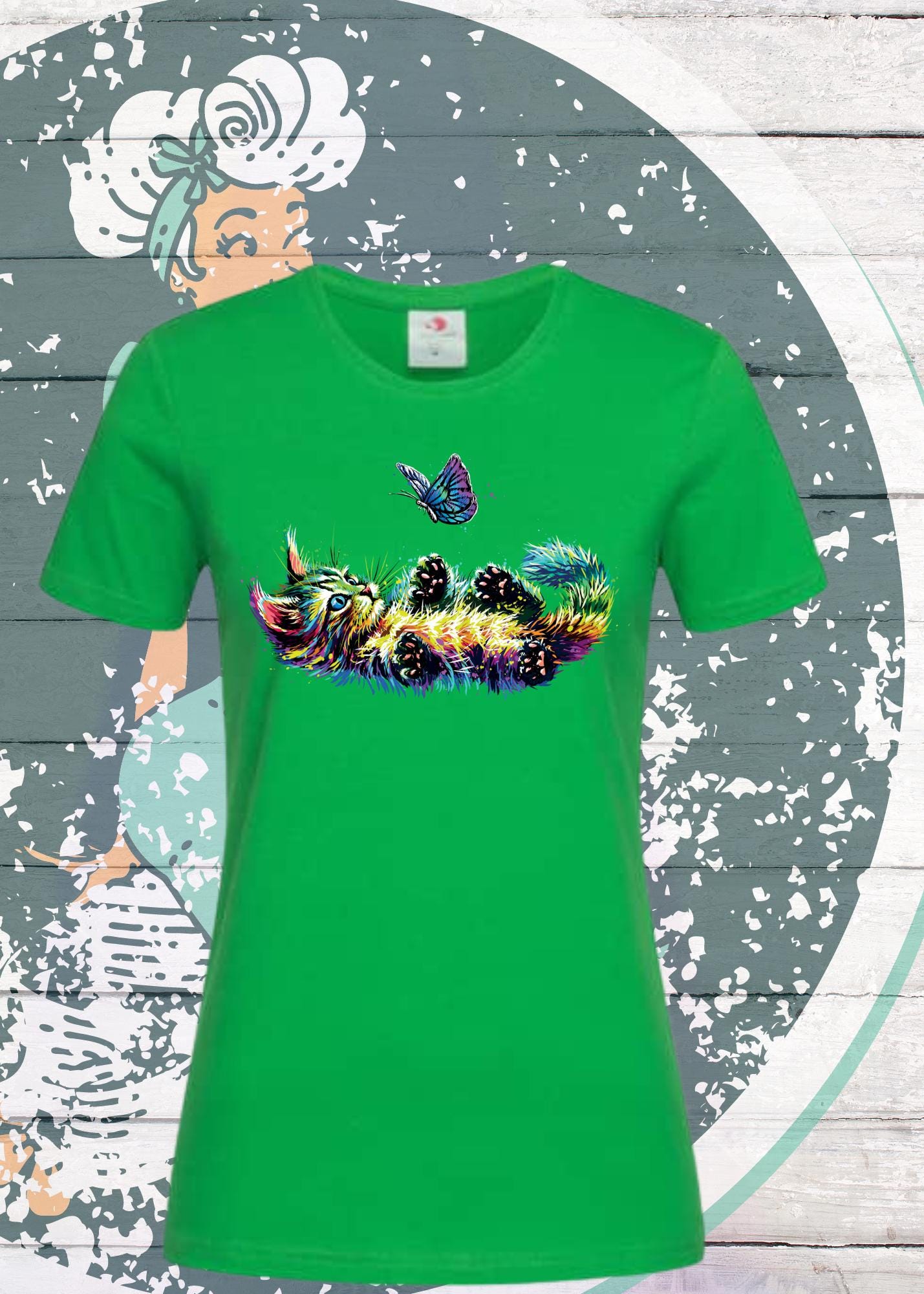 🐱 T-Shirt Katzenbaby mit Schmetterling bunt für Damen 🦋✨