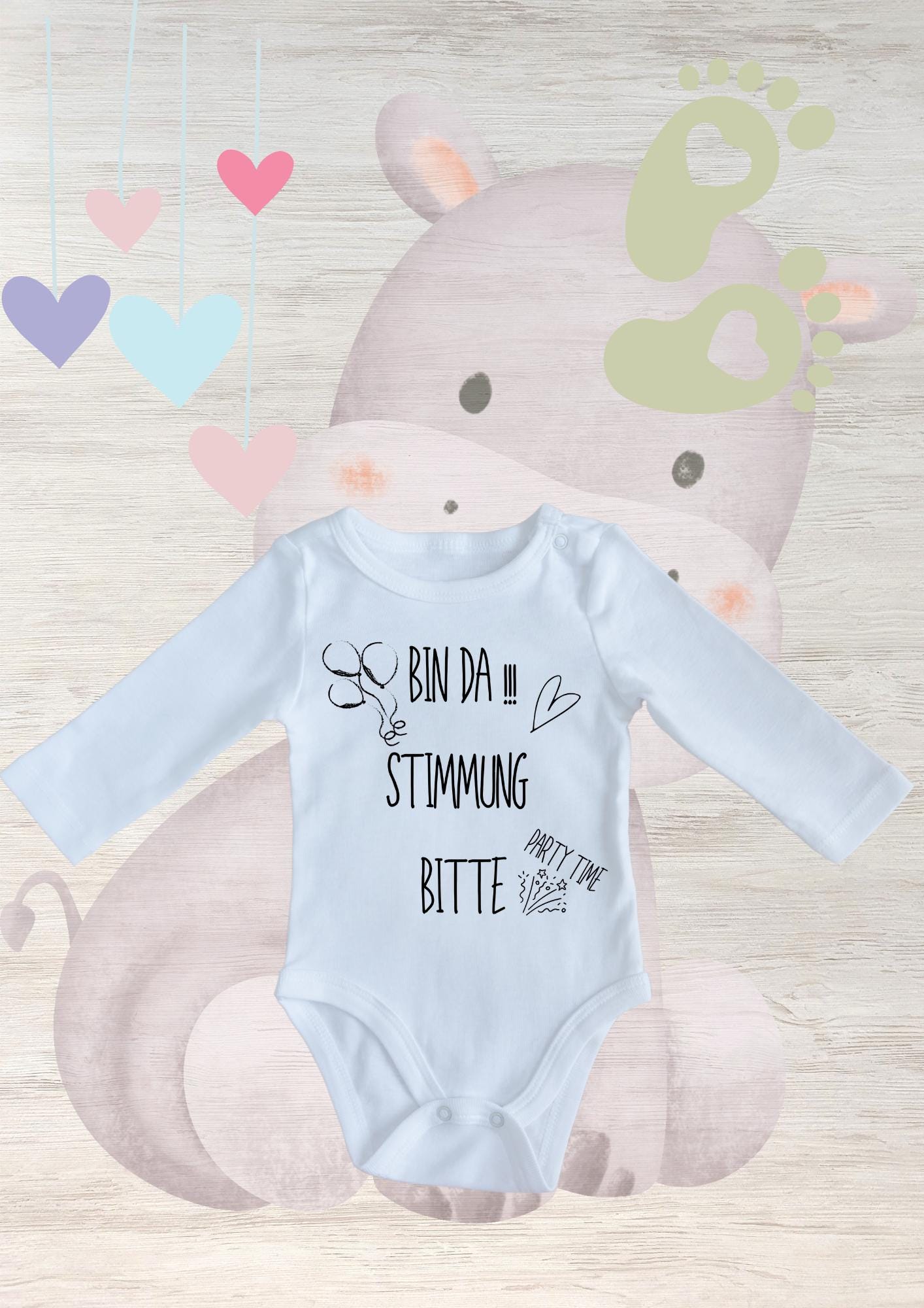 🎉 Baby Body Langarm 'Bin da - Stimmung bitte Party Time!' | Lustiger Spruch für kleine Partylöwen
