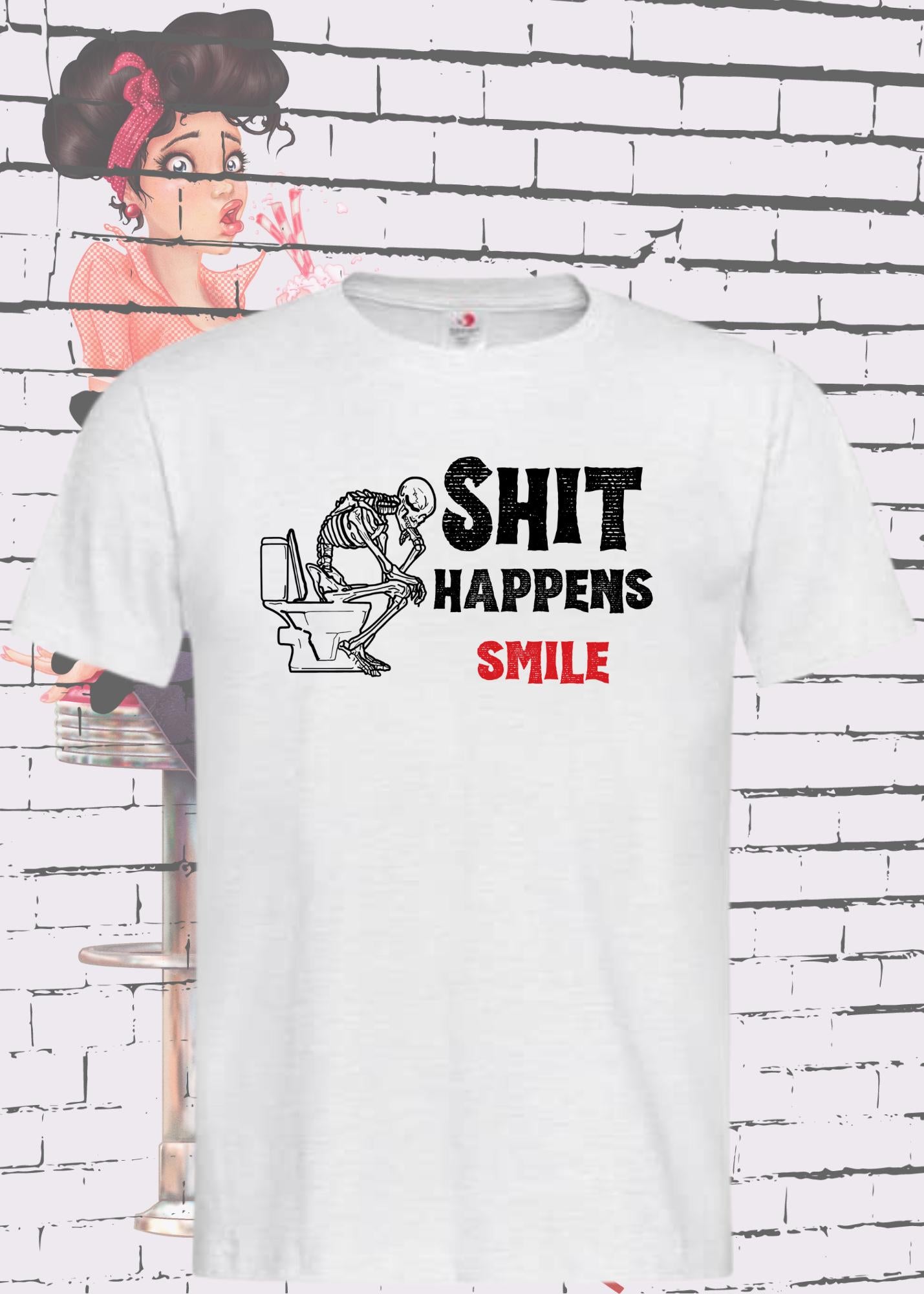 💀 T-Shirt 'Shit happens smile' - Skelett Design - Witziges Spruch T-Shirt Unisex - Geschenkidee