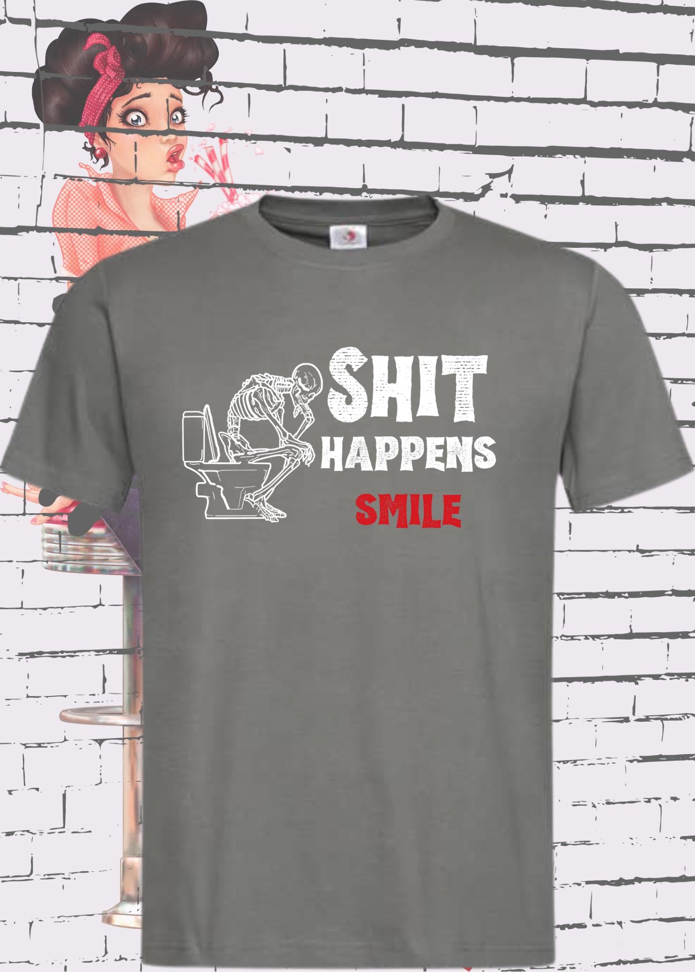 💀 T-Shirt 'Shit happens smile' - Skelett Design - Witziges Spruch T-Shirt Unisex - Geschenkidee