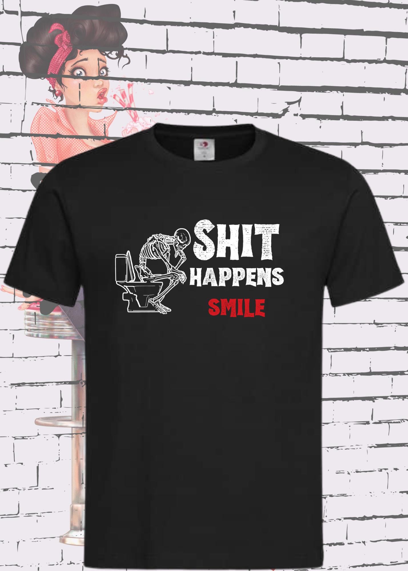 💀 T-Shirt 'Shit happens smile' - Skelett Design - Witziges Spruch T-Shirt Unisex - Geschenkidee