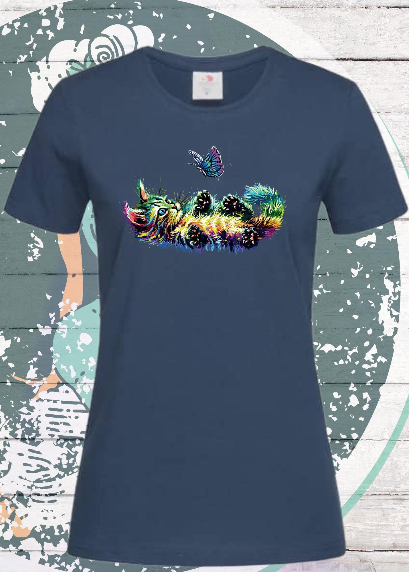 🐱 T-Shirt Katzenbaby mit Schmetterling bunt für Damen 🦋✨