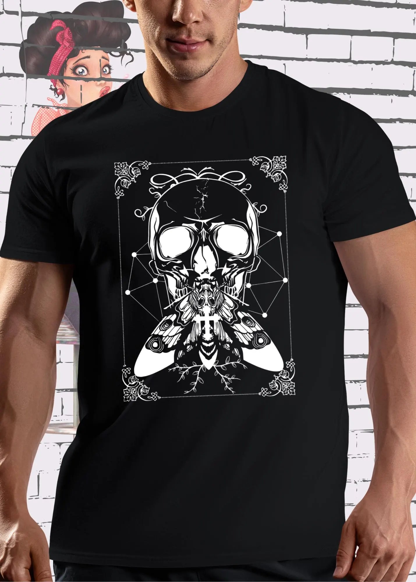 💀 Unisex T-Shirt 'Skull Totenkopf Motte Mit Kreuz' - Gothic Design Shirt ✝️