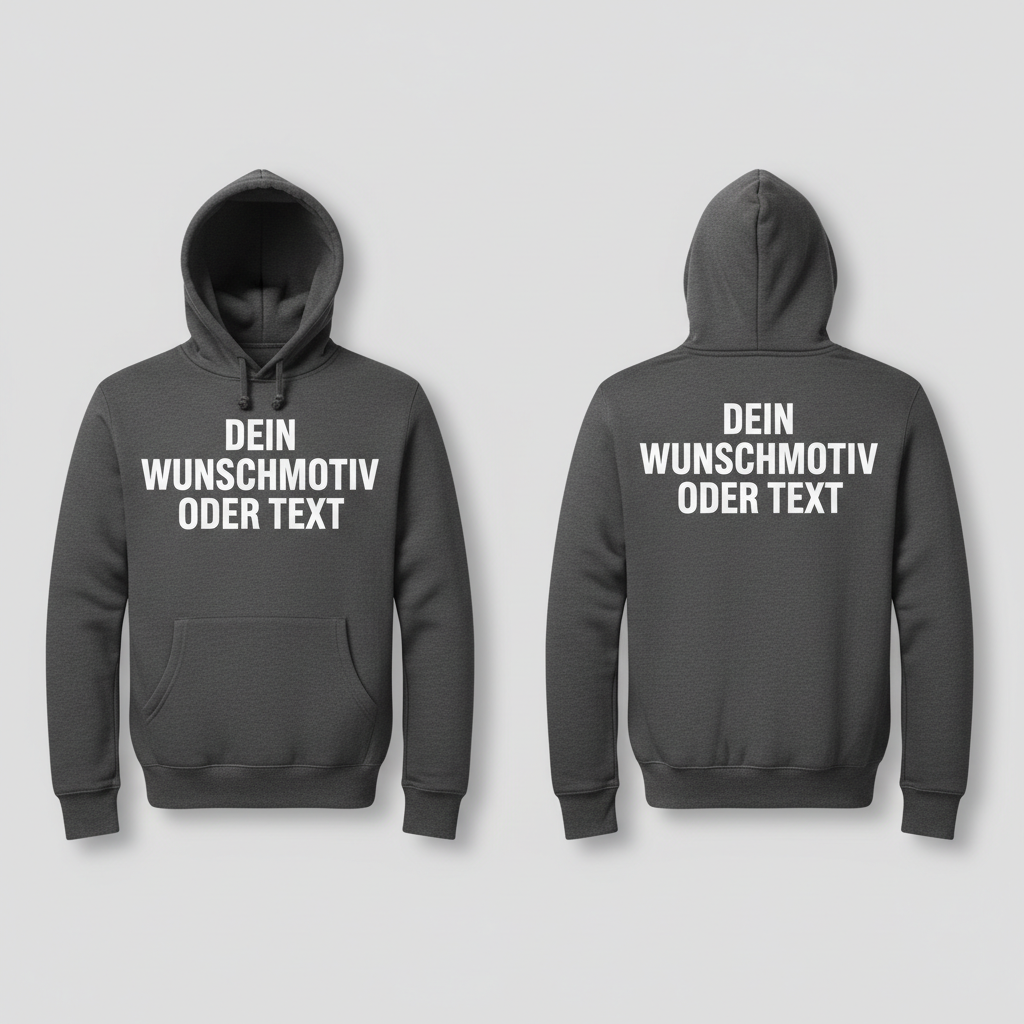 Hoodie mit Wunschmotiv - Vorder- und Rückseite bedruckt mit Text: Dein Wunschmotiv oder Text