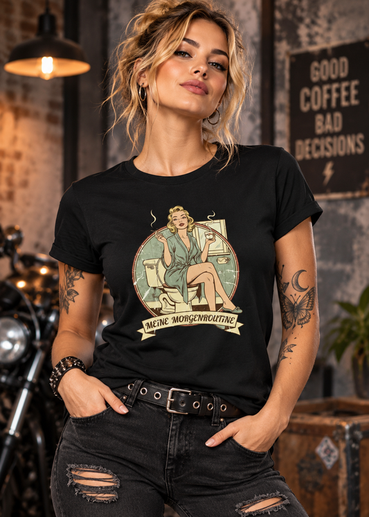 Damen T-Shirt Meine Morgenroutine – Lustiges Retro Shirt für Morgenmuffel