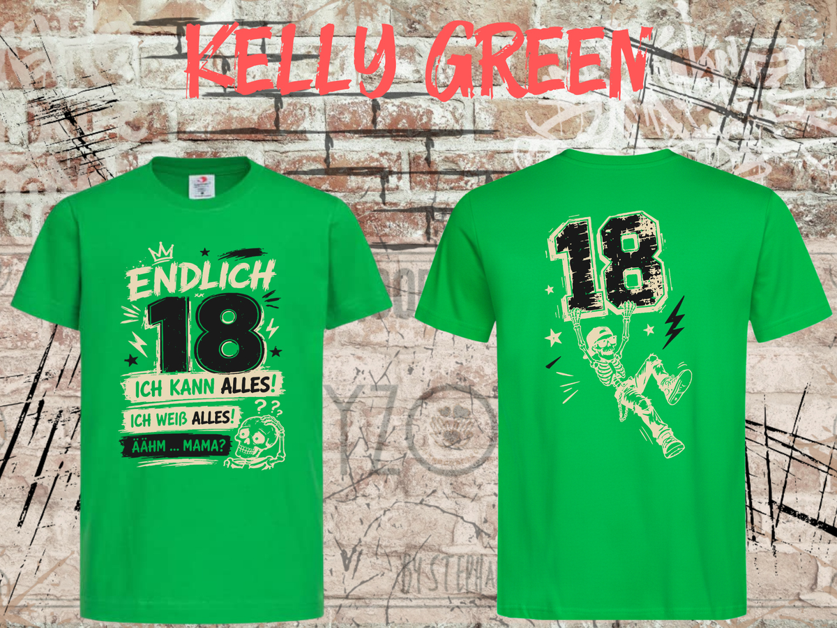 Unisex-T-Shirt „Endlich 18 – Ich kann alles, ich weiß alles“ in Kelly Green, Vorder- und Rückseite.