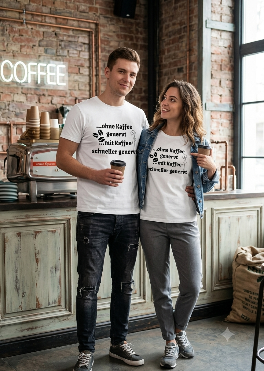 Weißes Unisex T-Shirt mit witzigem Kaffee Spruch: Ohne Kaffee genervt, mit Kaffee schneller genervt – Geschenkidee für Kaffeetrinker.