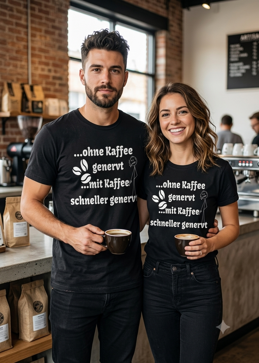 Schwarzes Unisex T-Shirt mit lustigem Kaffee Spruch: Ohne Kaffee genervt, mit Kaffee schneller genervt – Geschenk für Kaffeeliebhaber.
