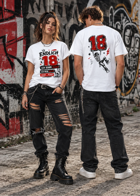 Tragebeispiel: Unisex-T-Shirt „Endlich 18 – Ich kann alles, ich weiß alles“ in White, Vorder- und Rückseite.