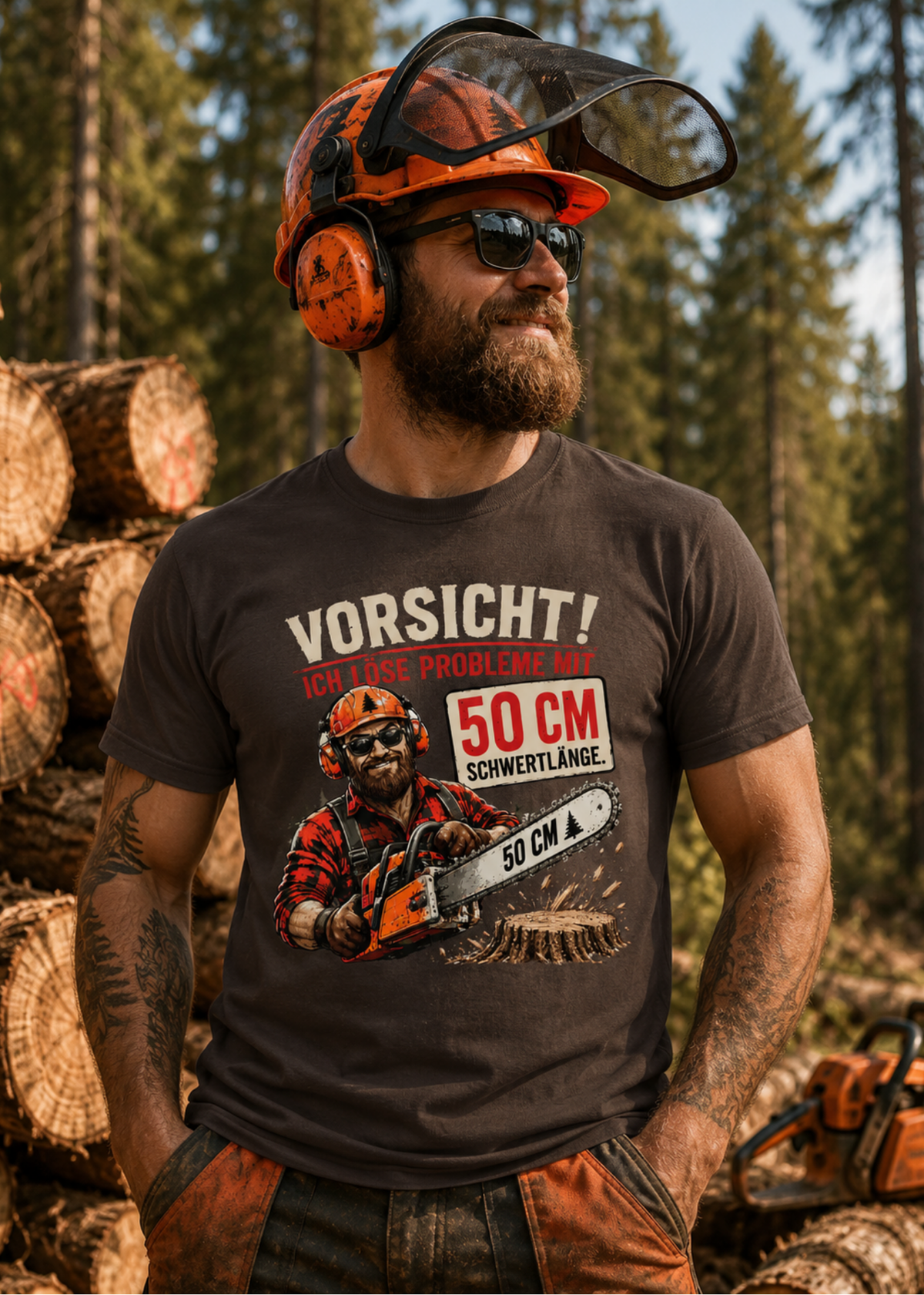 Tragebeispiel: Unisex-T-Shirt „Vorsicht! Ich löse Probleme mit 50 cm Schwertlänge“ in Dunkelbraun.