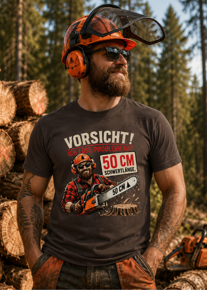 Tragebeispiel: Unisex-T-Shirt „Vorsicht! Ich löse Probleme mit 50 cm Schwertlänge“ in Dunkelbraun.