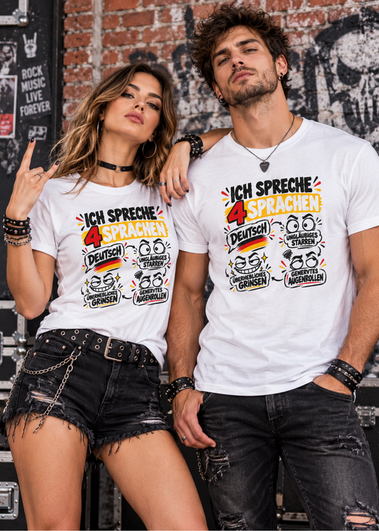 Tragebeispiel: Unisex-T-Shirt „Ich spreche 4 Sprachen“ in White.