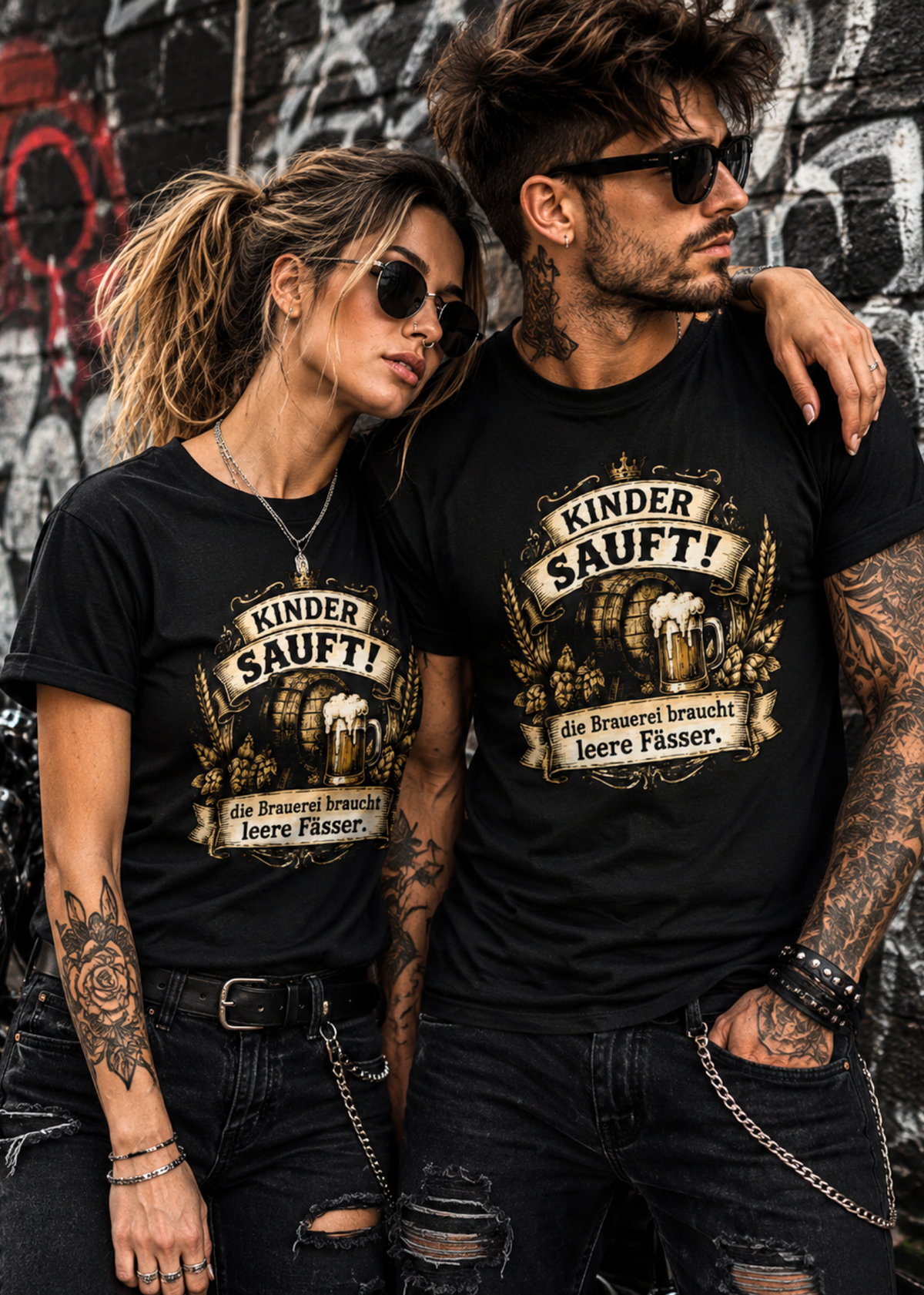 Tragebeispiel: Unisex-T-Shirt „Kinder sauft! – Die Brauerei braucht leere Fässer“ in Black Opal.