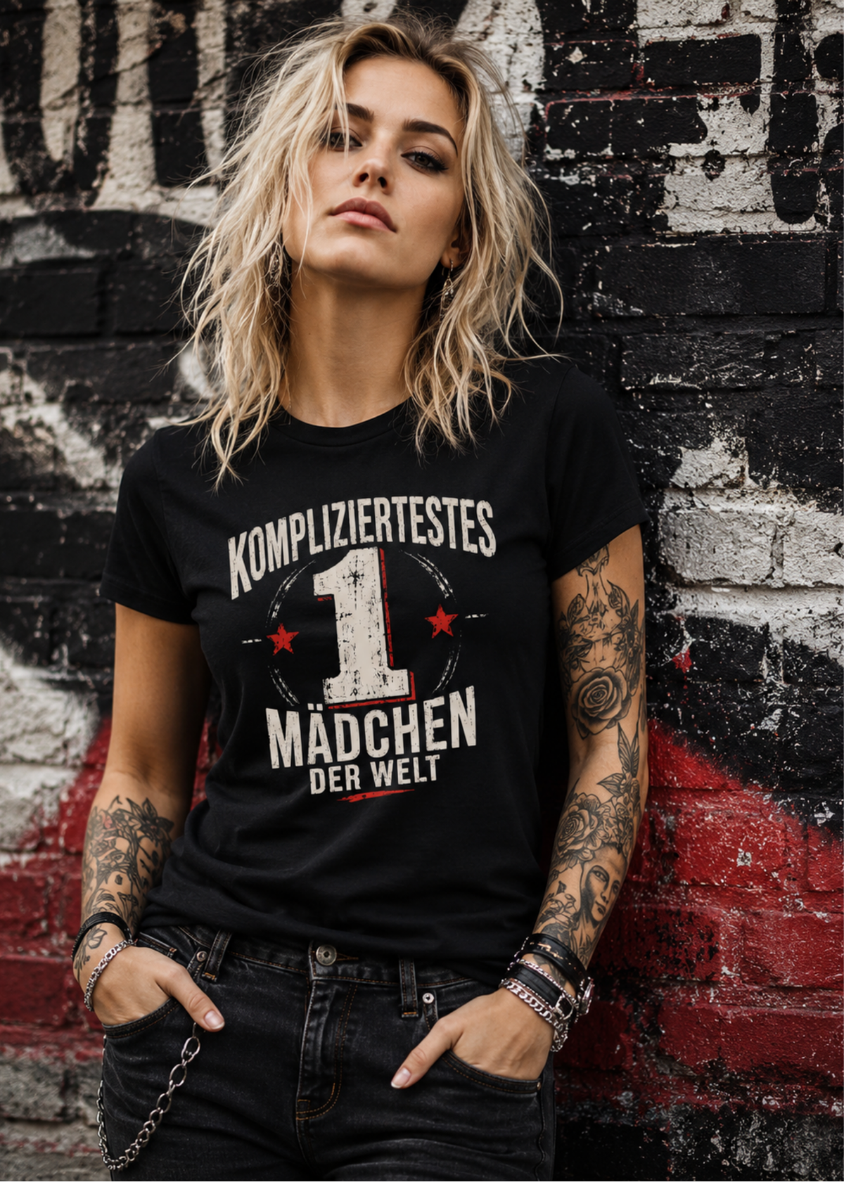 Tragebeispiel: Damen-T-Shirt „Kompliziertestes Mädchen der Welt“ in Black Opal.