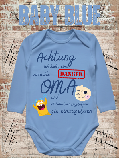 Baby Body Achtung Verrückte Oma | Lustiger Babybody für Enkel | Geschenk zur Geburt & Taufe