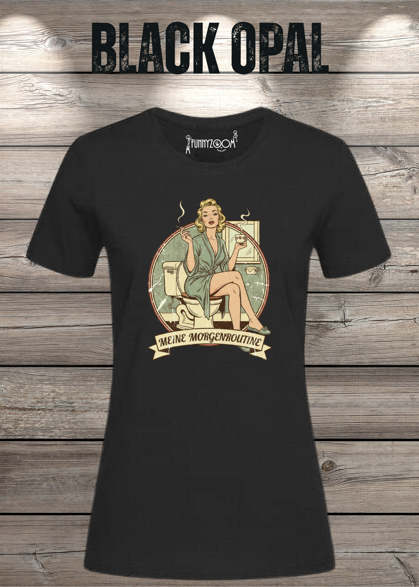 Damen T-Shirt Meine Morgenroutine – Lustiges Retro Shirt für Morgenmuffel