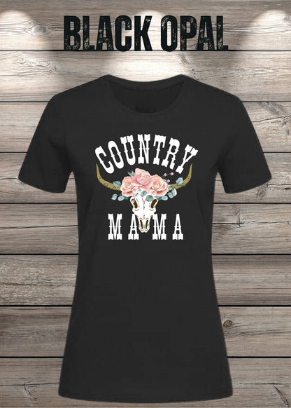 Country Mama T-Shirt – Freizeit Spruch Shirt für Damen in Black Opal.