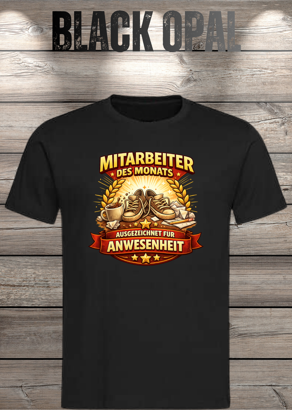 Unisex-T-Shirt „Mitarbeiter des Monats - Ausgezeichnet für Anwesenheit“ in Black Opal.