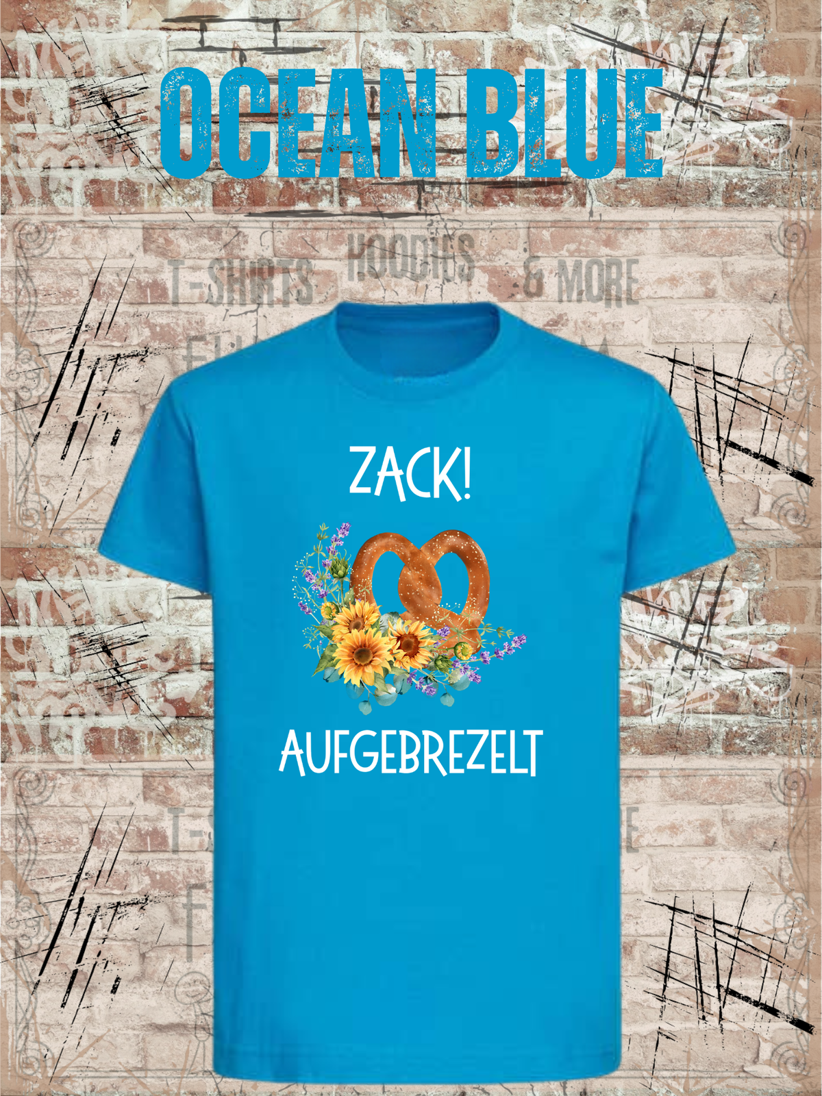 Kinder-T-Shirt „Zack! Aufgebrezelt“ in Ocean Blue.
