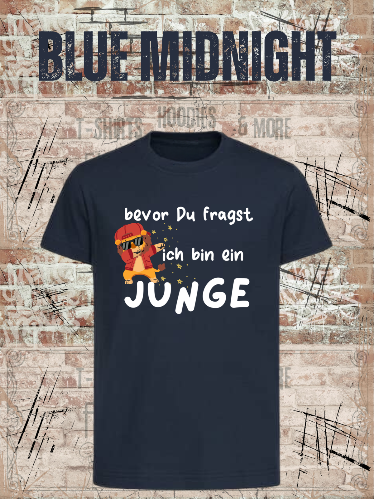 Kinder-T-Shirt „Bevor Du fragst – ich bin ein Junge!“ in Blue Midnight.