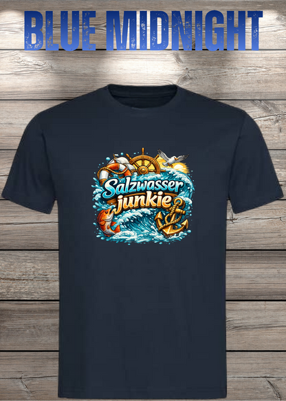Salzwasser-Junkie Unisex T-Shirt in Blue Midnight.