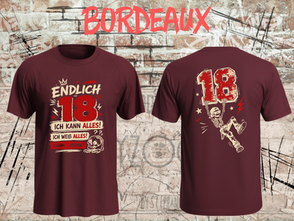 Unisex-T-Shirt „Endlich 18 – Ich kann alles, ich weiß alles“ in Bordeaux, Vorder- und Rückseite.