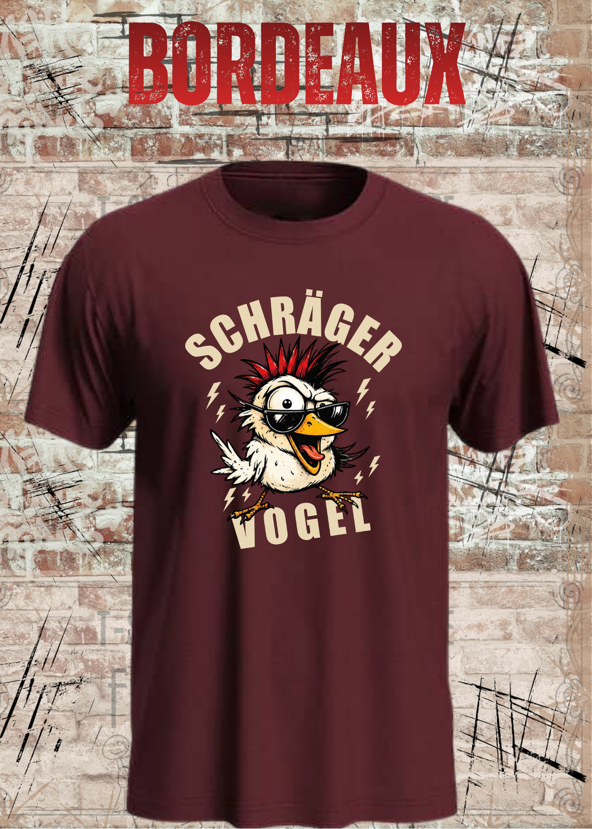 Unisex-T-Shirt „Schräger Vogel“ in Bordeaux.