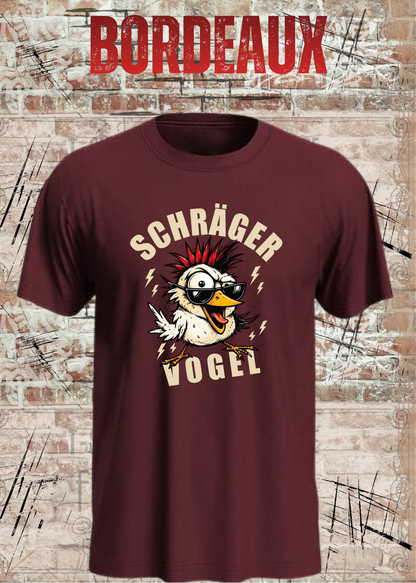 Unisex-T-Shirt „Schräger Vogel“ in Bordeaux.