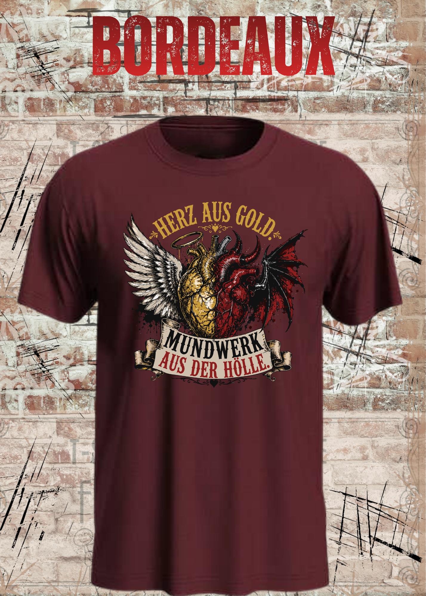 Herz aus Gold T-Shirt – Mundwerk aus der Hölle Shirt mit Engel & Teufel Motiv