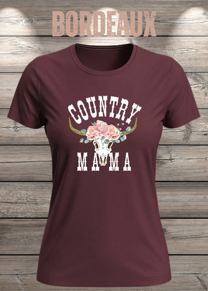 Country Mama T-Shirt – Freizeit Spruch Shirt für Damen in Bordeaux.