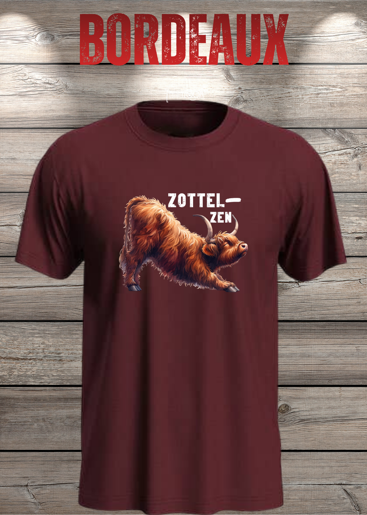 Unisex-T-Shirt „Zottel-Zen“ in Bordeaux.