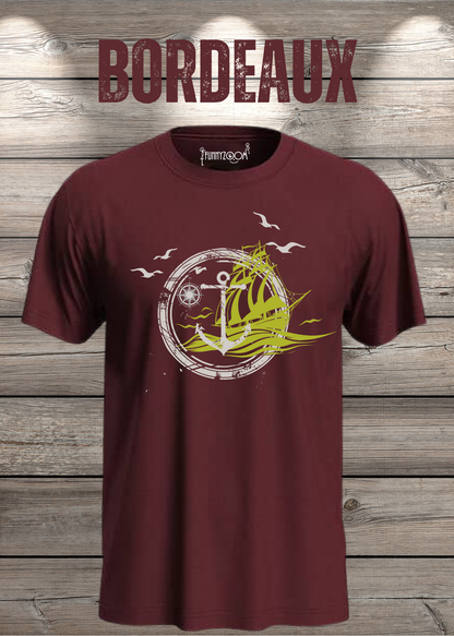 T-Shirt Schiff Anker Kompass in Bordeaux.