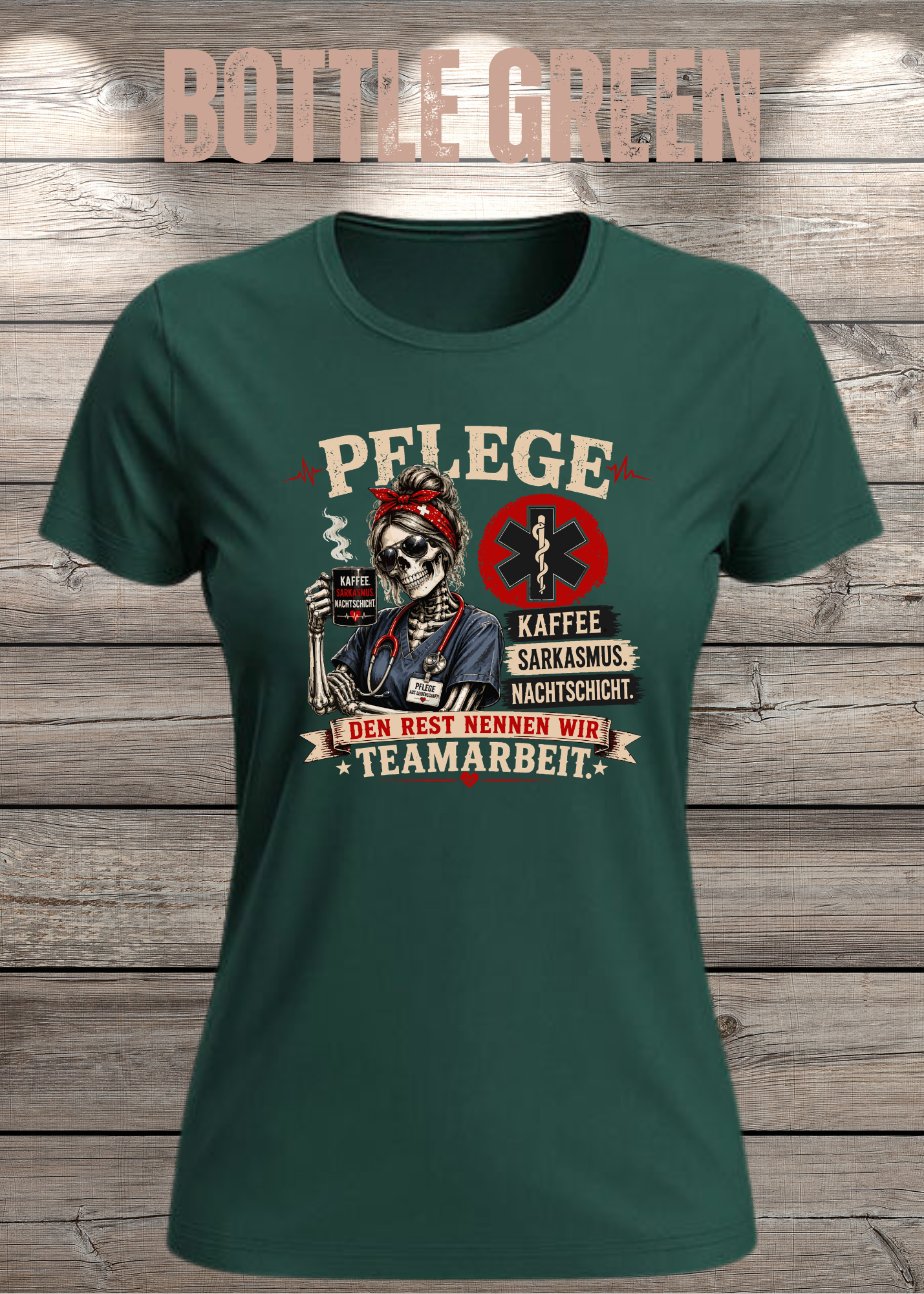 Pflege Damen T-Shirt – Kaffee, Sarkasmus, Nachtschicht – Den Rest nennen wir Teamarbeit