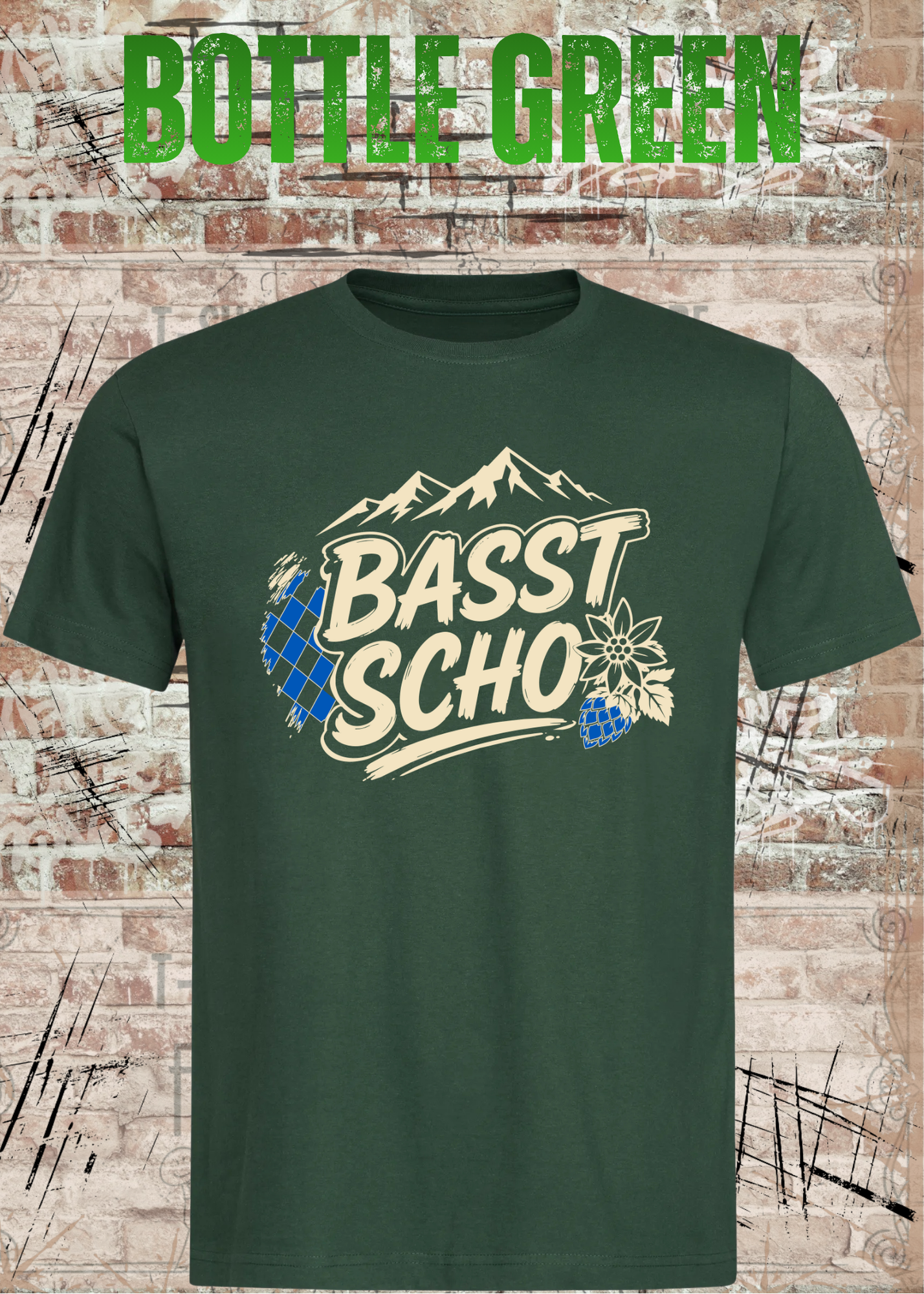 Basst scho – Bayerisches T-Shirt mit Bergen und Edelweiß