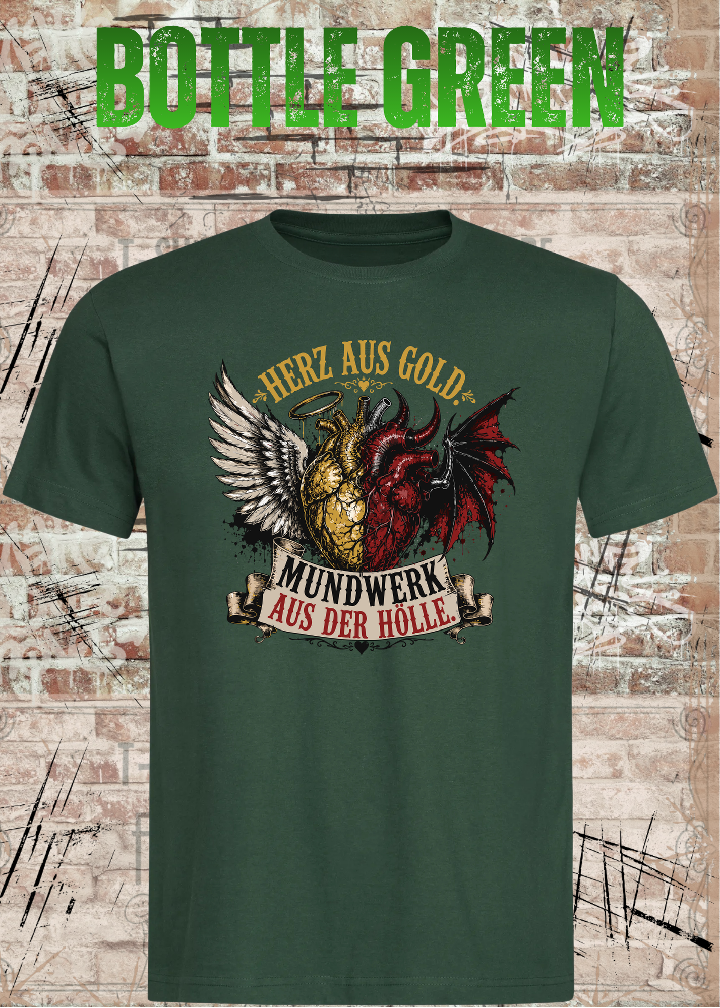 Herz aus Gold T-Shirt – Mundwerk aus der Hölle Shirt mit Engel & Teufel Motiv