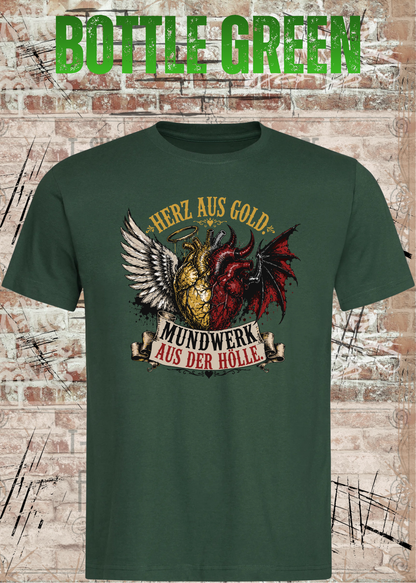 Herz aus Gold T-Shirt – Mundwerk aus der Hölle Shirt mit Engel & Teufel Motiv