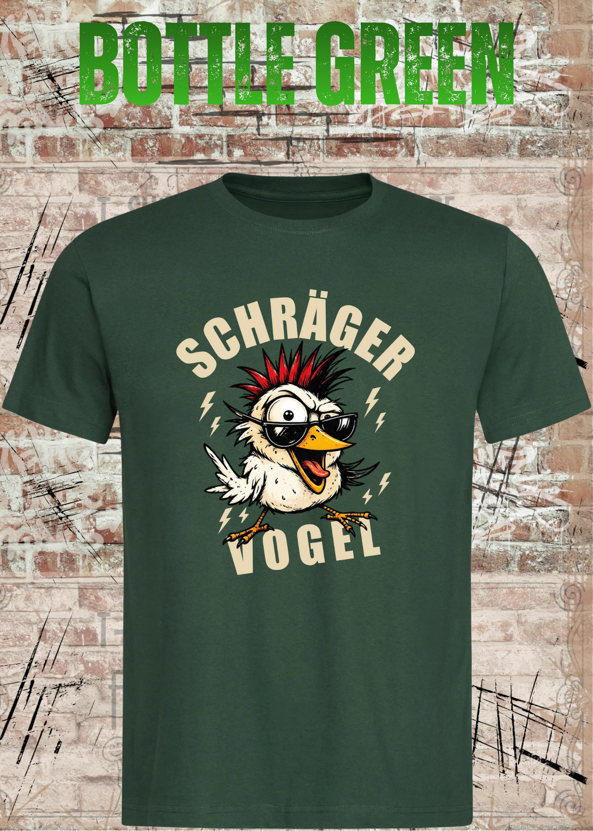 Unisex-T-Shirt „Schräger Vogel“ in Bottle Green.