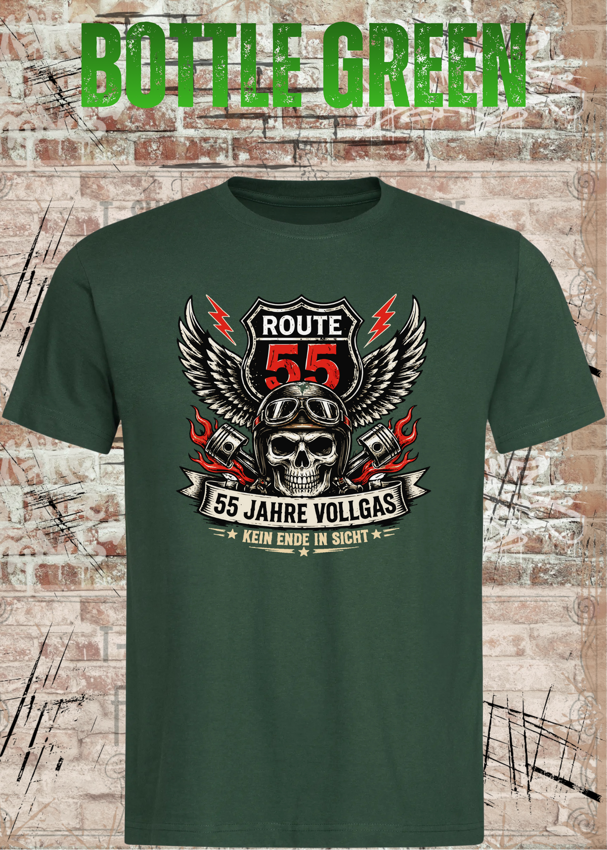 55 Jahre Vollgas T-Shirt – Route 55 in Bottle Green.