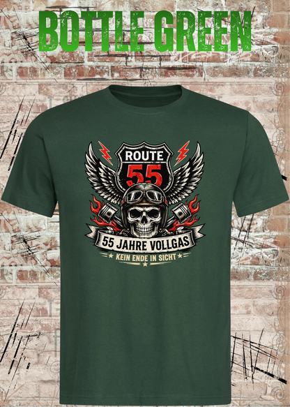 55 Jahre Vollgas T-Shirt – Route 55 in Bottle Green.