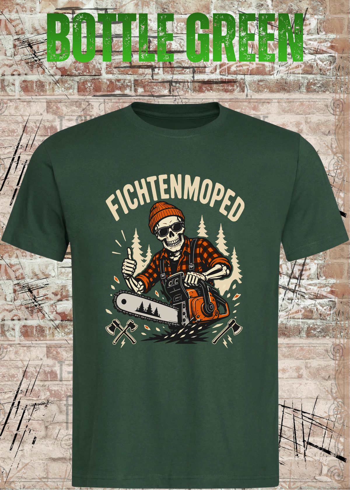 Herren-T-Shirt „Fichtenmoped“ in Bottle Green.