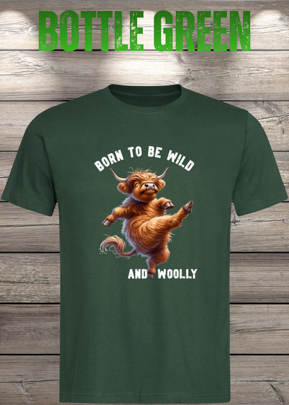 Unisex-T-Shirt „Born to Be Wild and Woolly“ in Bottle Green.