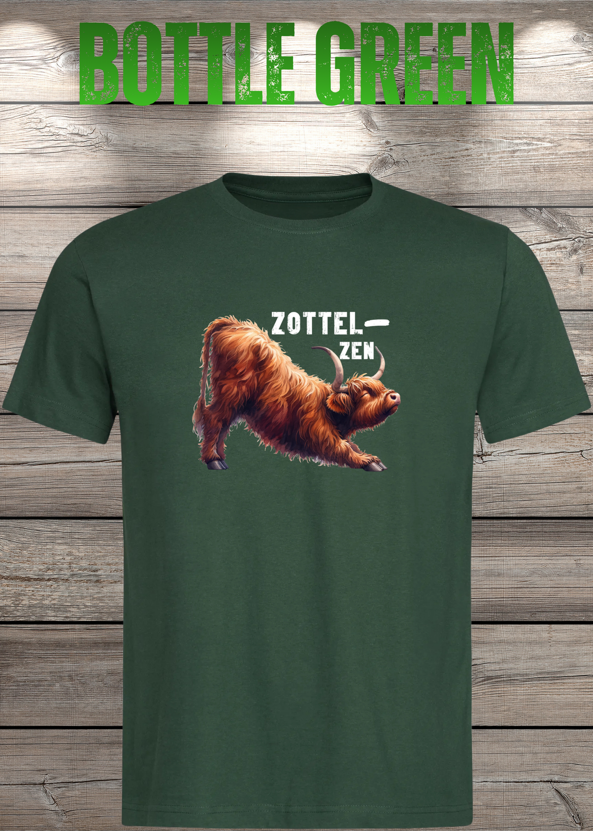 Unisex-T-Shirt „Zottel-Zen“ in Bottle Green.